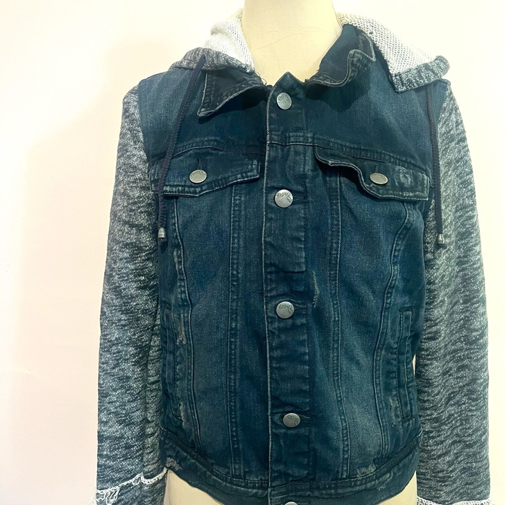 Free People Denim Jacket Hooded Black and Cream Knit Jacket Size Medium - Picture 2 of 16